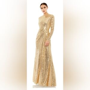 Mac Duggal 10824 Sequined High Neck Long Sleeve Draped Gown Gold SZ 8 Womans NWT
